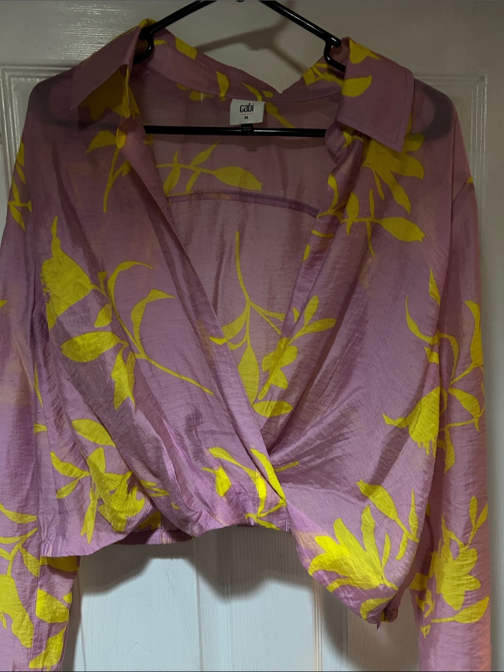 CAbi Pink Wrap Blouse with Yellow Floral Print